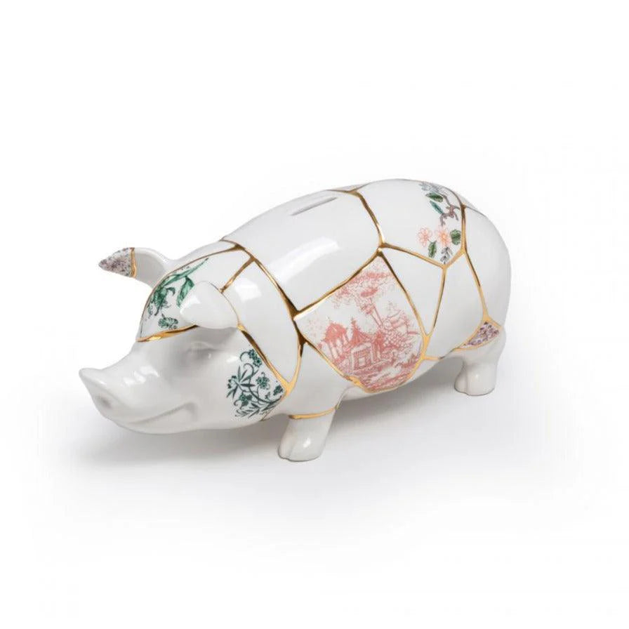 Kintsugi Piggy Bank — Porcelain Money Box with Gilding and Floral Motifs