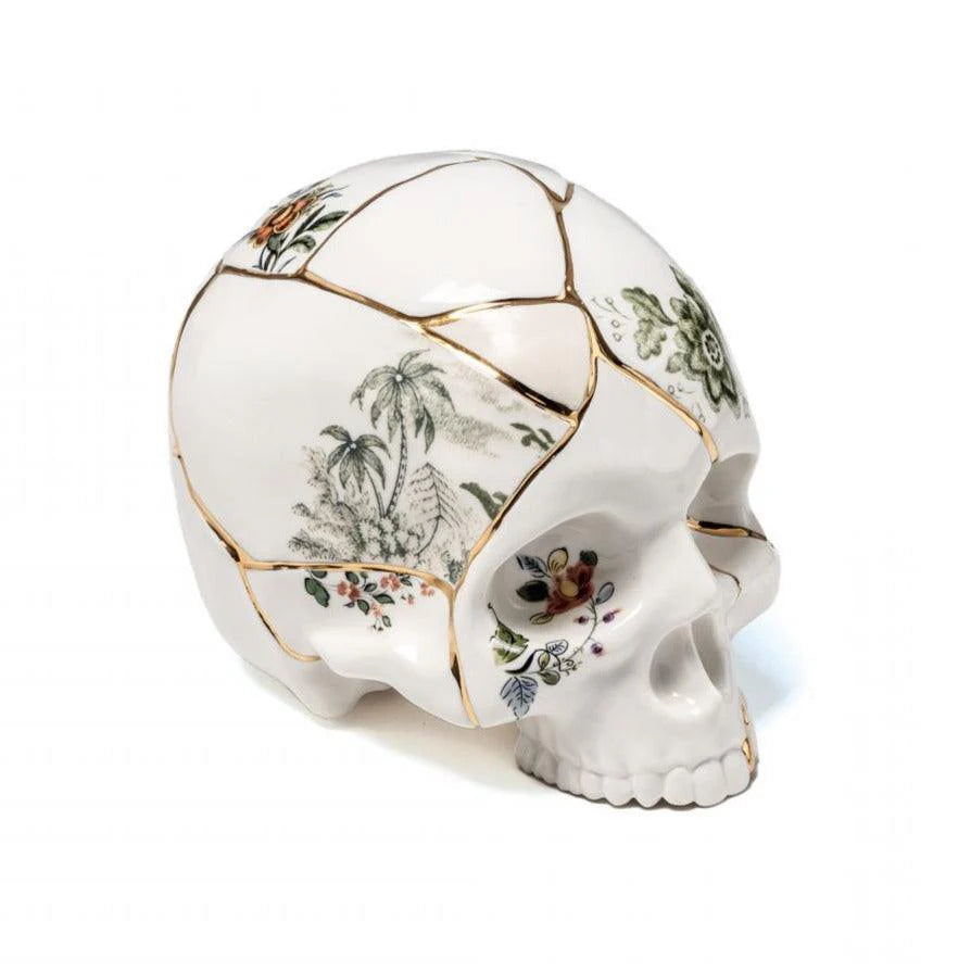 Kintsugi Skull — Decorative Porcelain Skull with Gilding and Floral Motifs