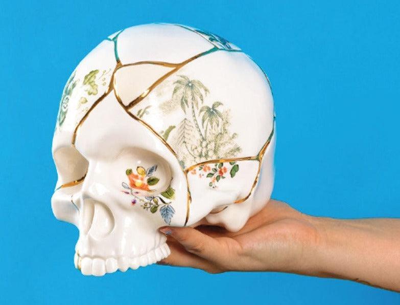 Kintsugi Skull — Decorative Porcelain Skull with Gilding and Floral Motifs