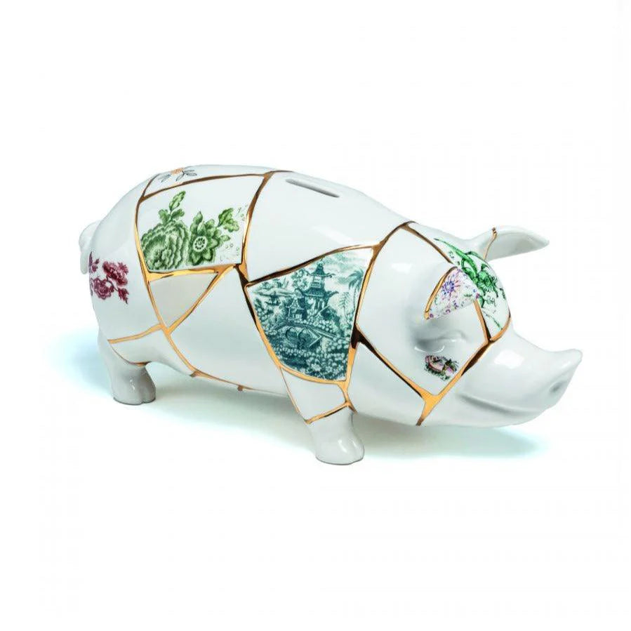 Kintsugi Piggy Bank — Porcelain Money Box with Gilding and Floral Motifs
