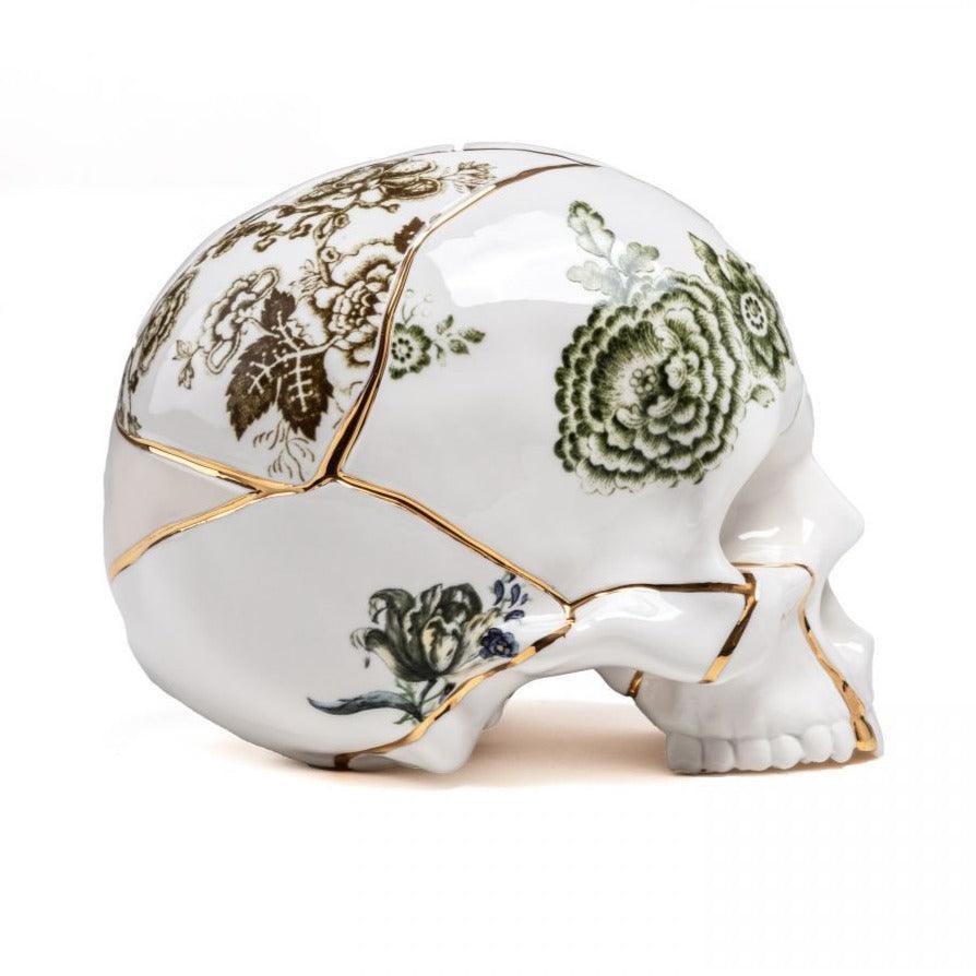 Kintsugi Skull — Decorative Porcelain Skull with Gilding and Floral Motifs