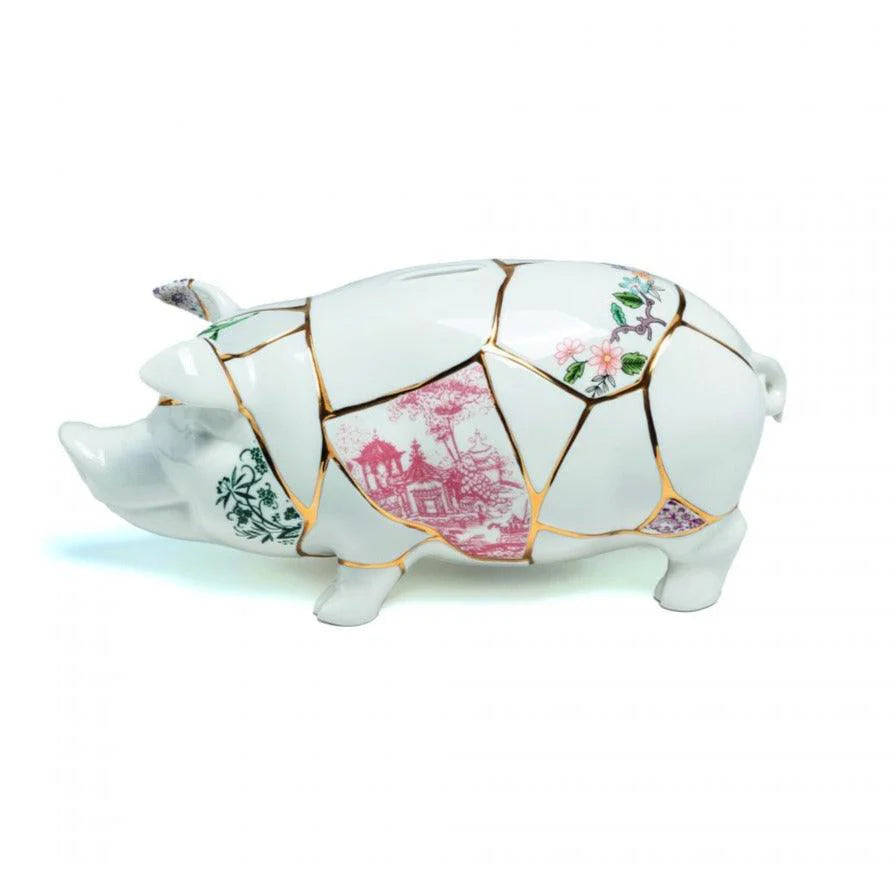 Kintsugi Piggy Bank — Porcelain Money Box with Gilding and Floral Motifs