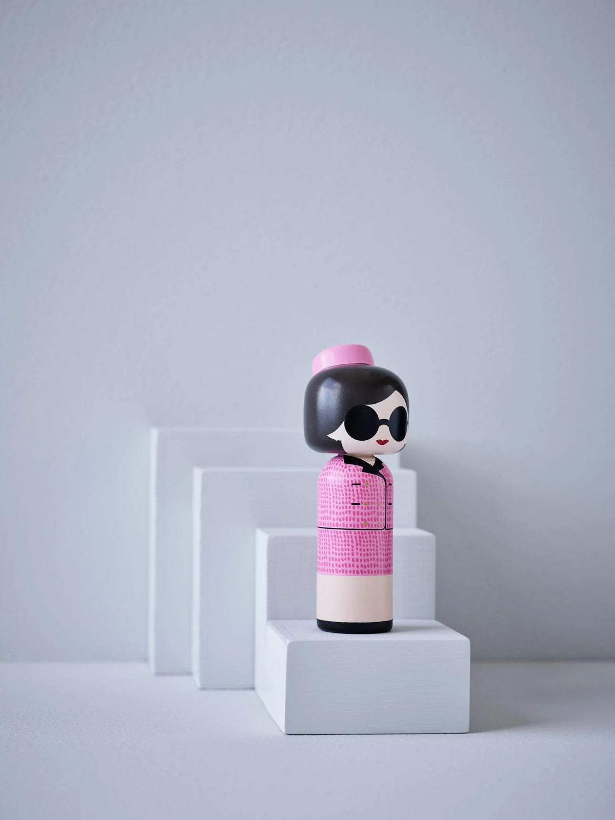 Style Icon Kokeshi — Wooden Doll in a Pink Suit (Hand-Painted)