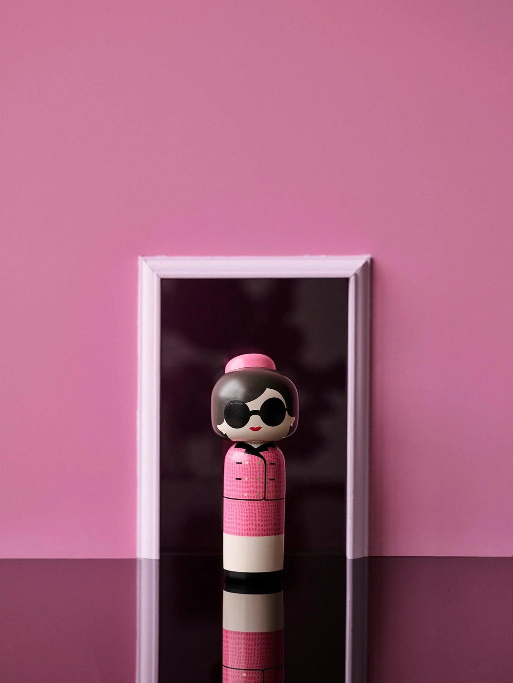 Style Icon Kokeshi — Wooden Doll in a Pink Suit (Hand-Painted)