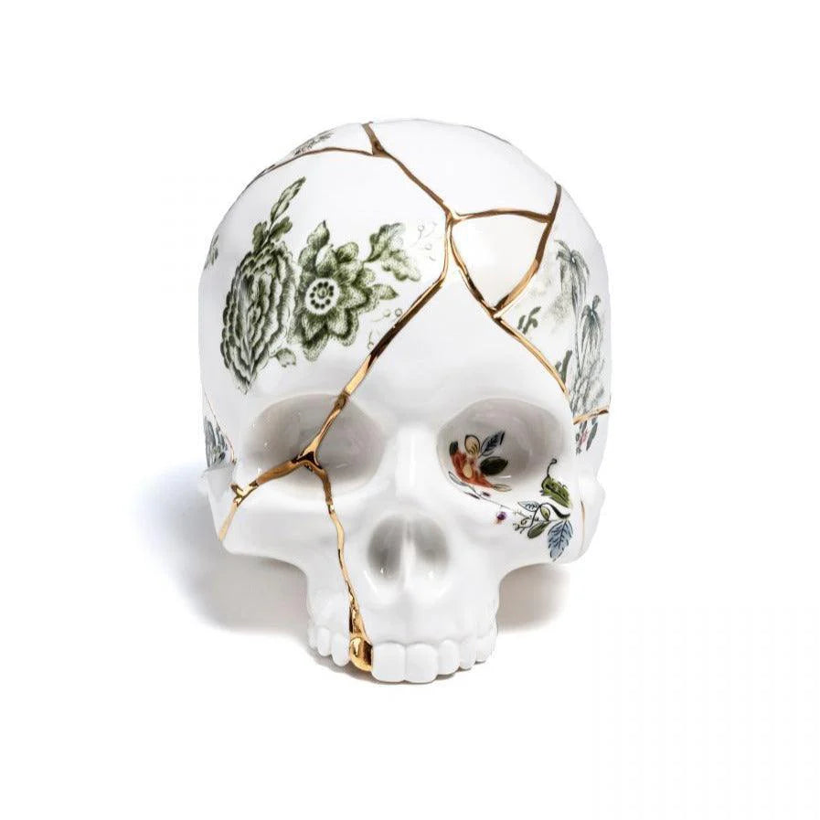 Kintsugi Skull — Decorative Porcelain Skull with Gilding and Floral Motifs